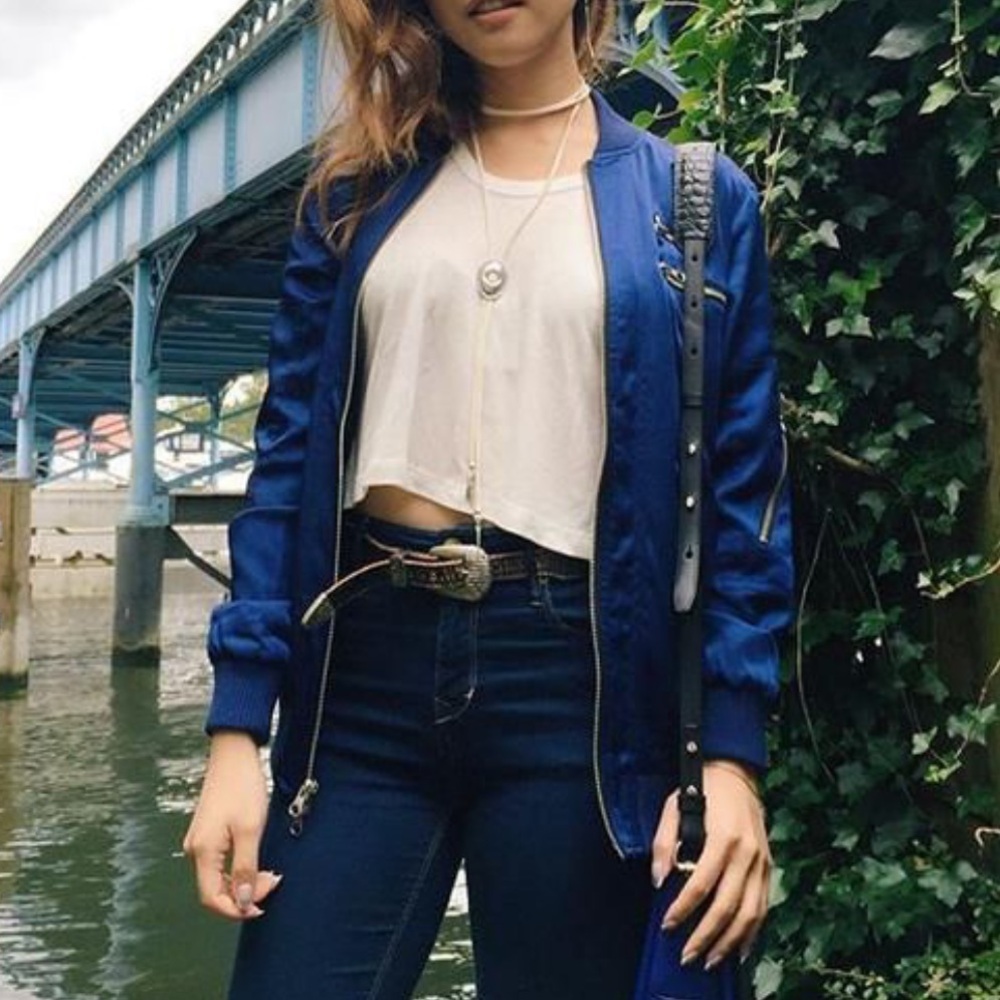 Blue Satin Bomber Jacket - Women